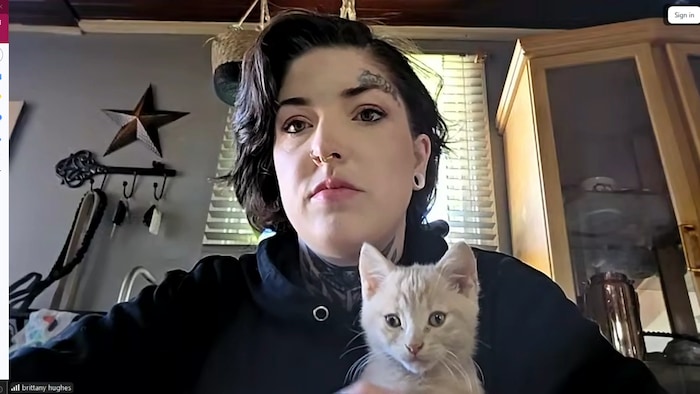 Portrait de Brittany Hughes en entrevue dans un salon avec un chat