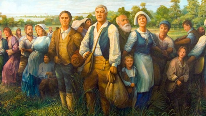 A painting depicting people walking in a field.  The sea is in the background.