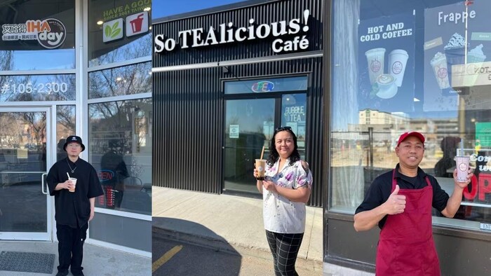 Trois propriétaires posent devant leur magasin de bubble tea à Regina.