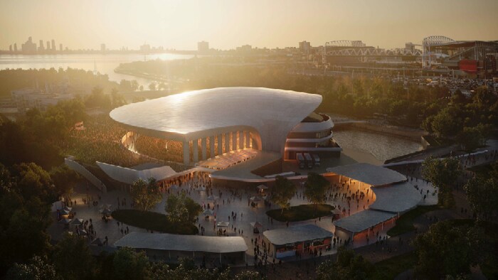 Dessin d'artiste de l'amphithéâtre rempli de spectateurs.