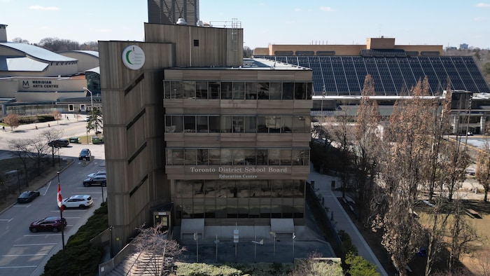 Aerial footage of the Toronto District School Board offices in North York.