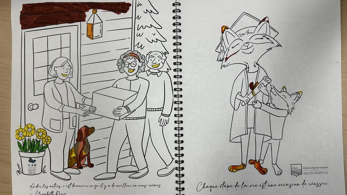 Deux dessins représentant un renard diplômé et des bénévoles devant une maison.