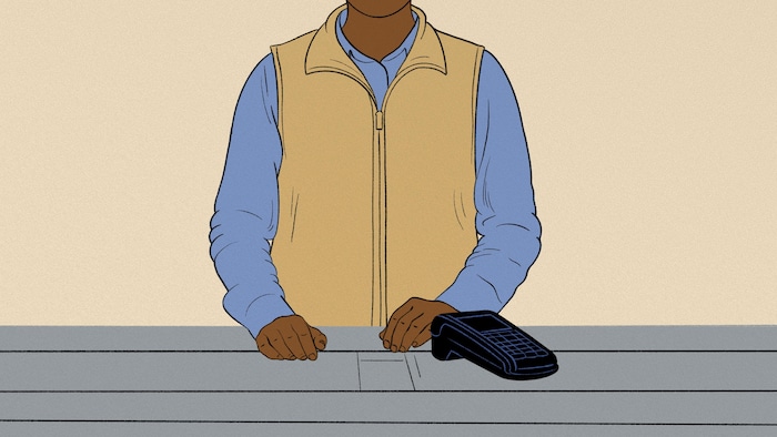 Illustration d'une personne derrière un comptoir.