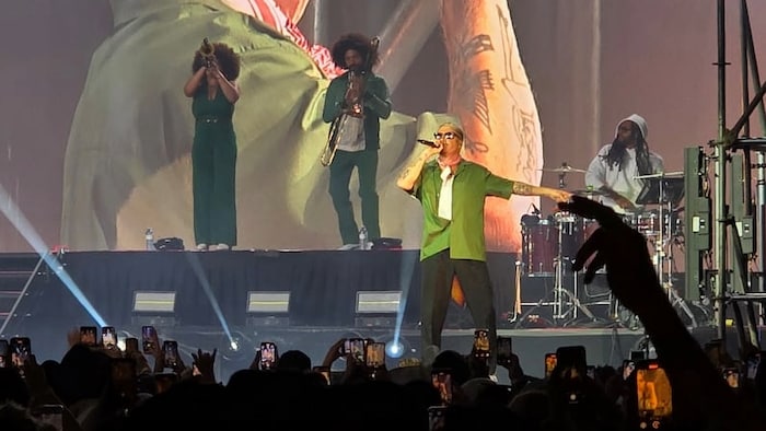 Le chanteur Macklemore performe sur scène devant une foule compacte lors d'un concert extérieur.