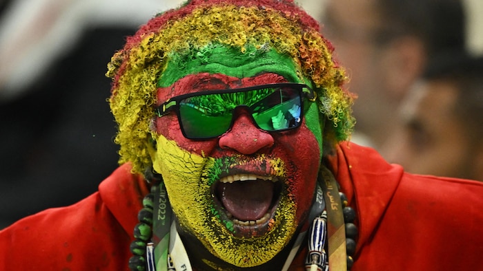 Un supporteur camerounais dans les gradins avant un match de la Coupe du monde de la FIFA, au Qatar, en 2022.
