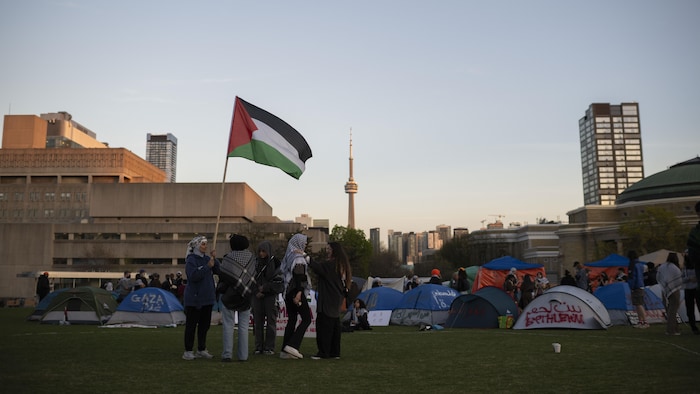 Des manifestants brandissent un drapeau palestinien.