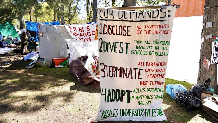 Les campeurs réclament à l’Université d’Ottawa de se désinvestir des entreprises jugées complices de violations de lois internationales dans ce conflit.
