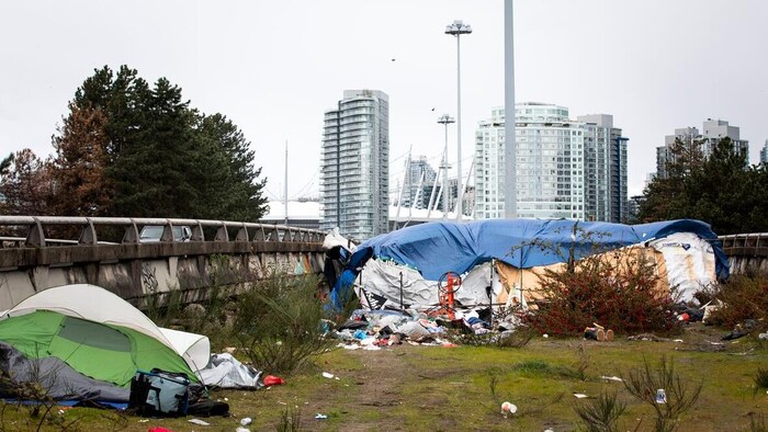 Deux tentes sur un terrain recouvert de gazon et de déchets, tout près d'une route.