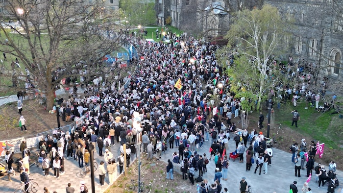 Une vue aérienne d'un groupe de manifestants.