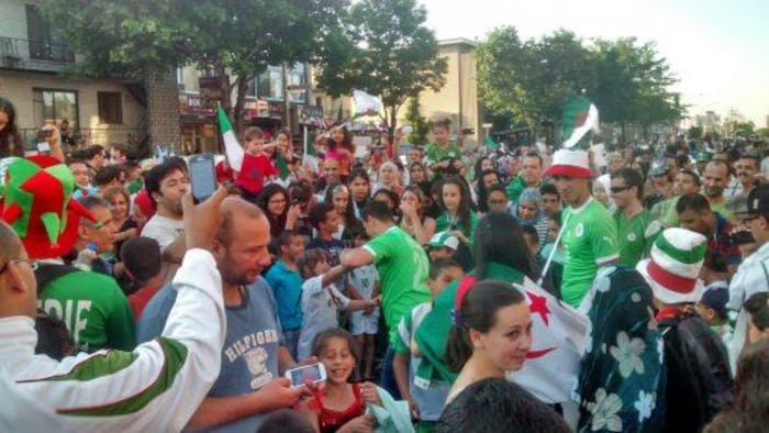حشد من الناس، بينهم من يحملون العلم الجزائري، يحتفلون في الشارع.