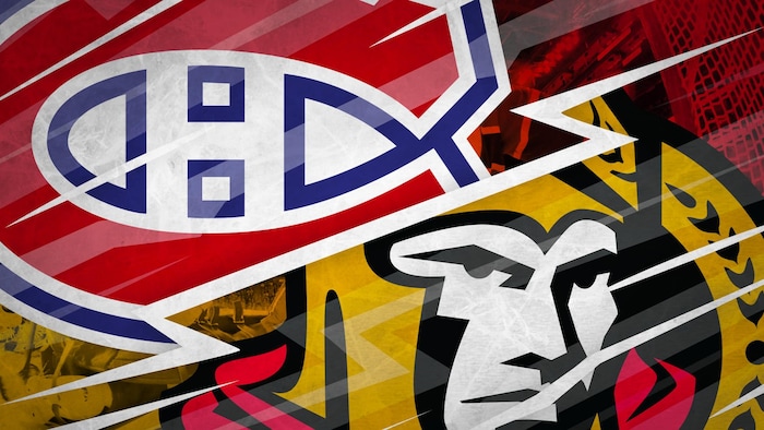 Rivalité Canadiens-Sénateurs, les 2 logos des équipes de hockey sont superposés.