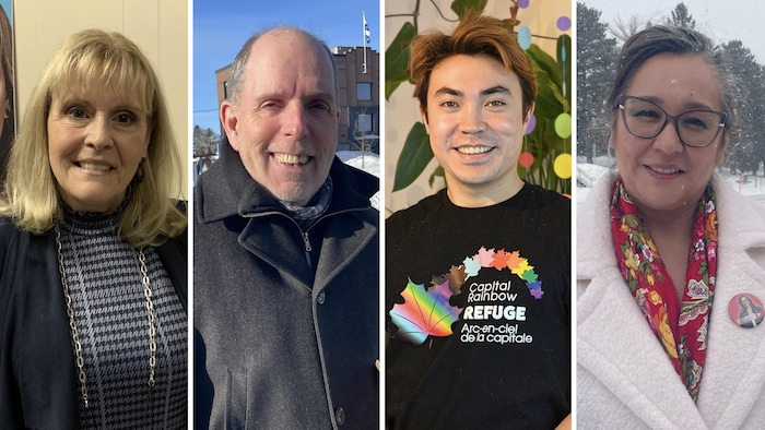 Un montage des photos de Sylvie Bérubé, de Steve Corriveau, de Mandy Gull-Masty et de Thai Dillon Higashihara determination présenter les candidats.
