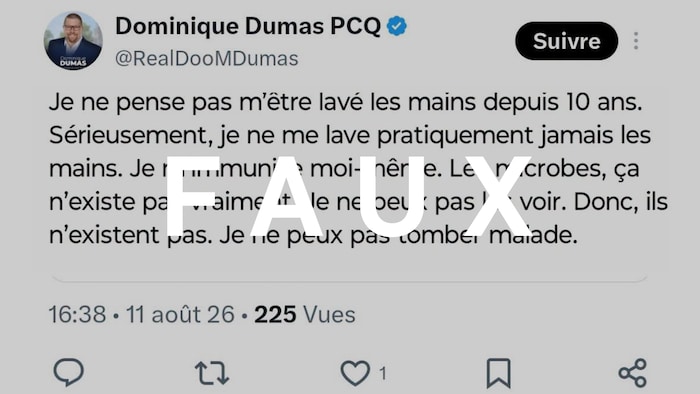 Gazouillis de Dominique Dumas. Le mot "FAUX" est superposé sur l'image.