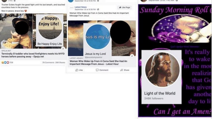 Des captures d'écran de pages religieuses et de leurs publications Facebook.