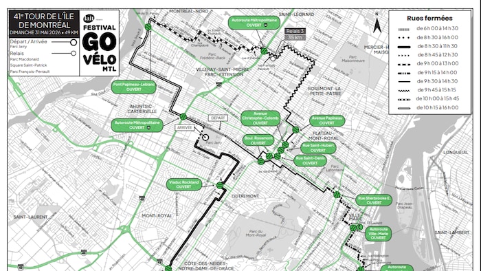 Carte de Montréal détaillant le parcours des cyclistes lors du Tour de l'île.