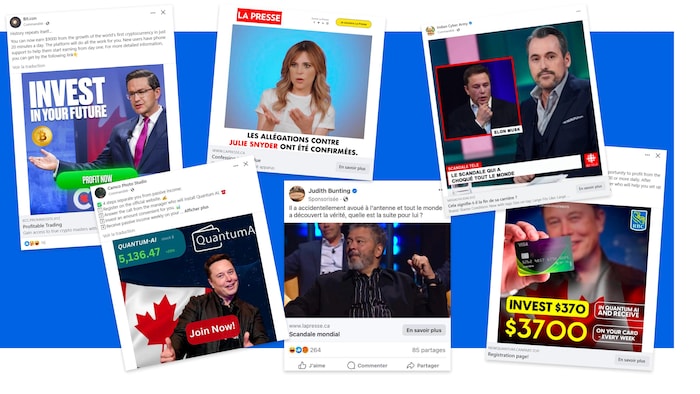 Collage de nombreuses publicités frauduleuses sur Facebook, qui usurpent notamment l'image de Pierre Poilievre, Julie Snyder, Elon Musk, Normand Brathwaite et Guy A Lepage. 