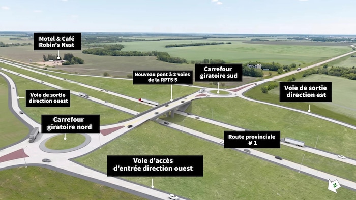 Illustration représentant des routes grises, deux ronds-points et un viaduc, bordés d'herbe verte, avec en arrière-plan un champ verdoyant parsemé d'arbres.