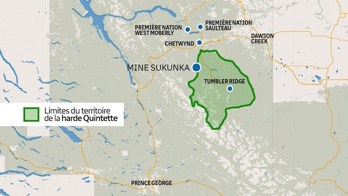 Une carte où est délimité le territoire de la harde Quintette par rapport à la mine Sukunka.