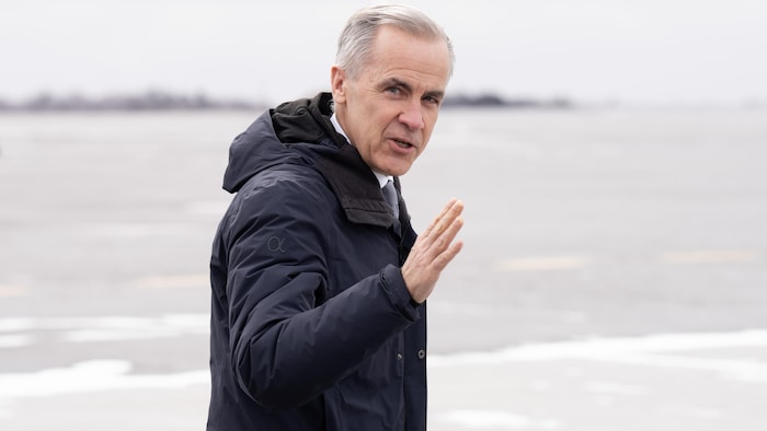 Le premier ministre Mark Carney salue la foule alors qu'il se dirige vers un avion gouvernemental à l'aéroport d'Ottawa.