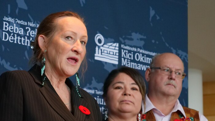 Caroline Cochrane parle à côté de ses collègues ministres.