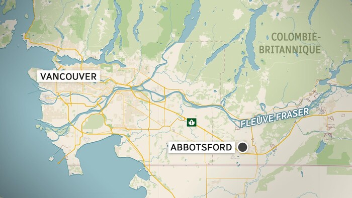 Carte géographique situant Abbotsford à l'est de Vancouver et au sud du fleuve Fraser.