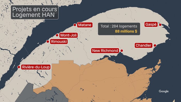Une carte des villes où il y a la construction de Logement-Han.