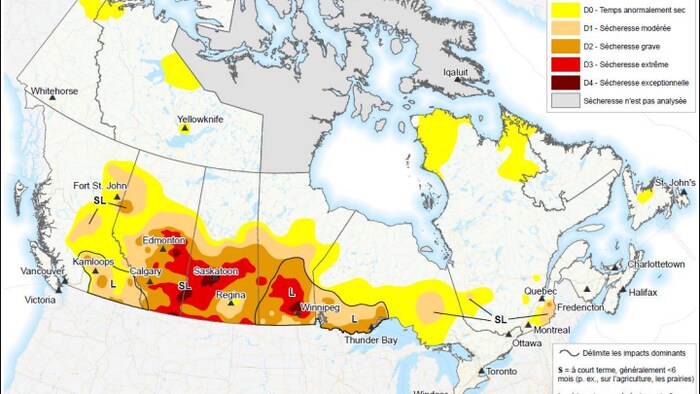 خريطة تُظهر المناطق التي اجتاحها الجفاف في كندا.
