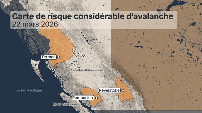 Carte des zones à risque considérable d'avalanche, où le nord-est,le sud-ouest, et le sud-est sont mis de l'avant comme les zones à risque.