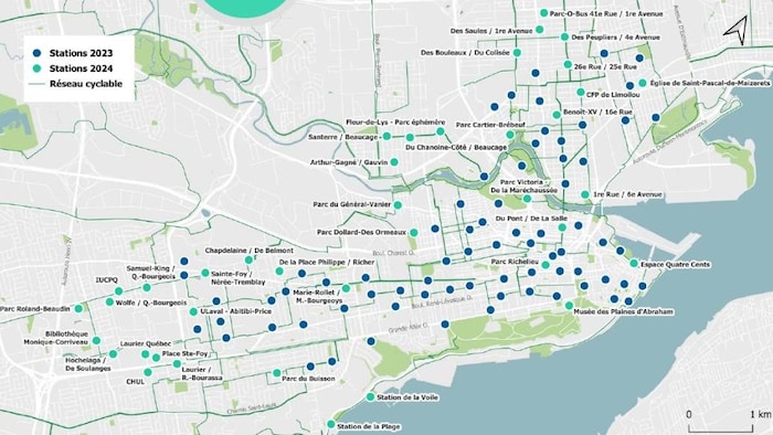 Une carte illustrant où sont situées les stations du service àVélo à Québec.