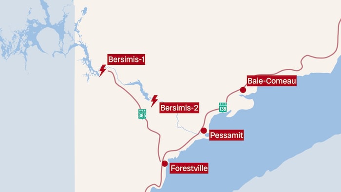 Une carte montre la disposition des barrages Bersimis-1 et 2, par rapport à Pessamit.