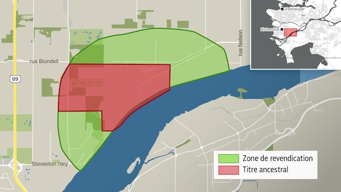 Une carte représentant la sone de revendication et le titre ancestral des Cowichan.   