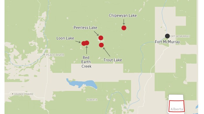 Une carte montrant des localités du ord de l'Alberta.