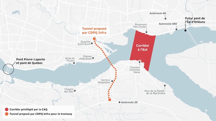 Carte du tracé du tunnel proposé par CDPQ Infra en comparaison au corridor à l'Est privilégié par la CAQ.