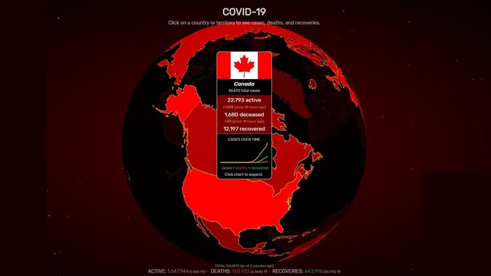 Visualisation de la Terre et des infections à la COVID-19 au Canada.