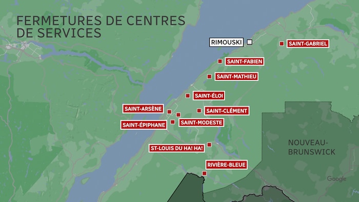 Carte pointant Saint-Fabien, Saint-Gabriel, Saint-Mathieu-de-Rioux, Saint-Éloi, Saint-Clément, Saint-Épiphane, Saint-Modeste, Saint-Arsène, Saint-Louis-du-Ha!-Ha!, et Rivière-Bleue.