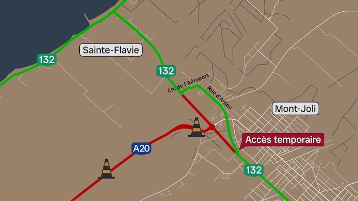 Une carte de Mont-Joli montrant le chemin à emprunter pendant les travaux de réfection de la chaussée du carrefour giratoire.