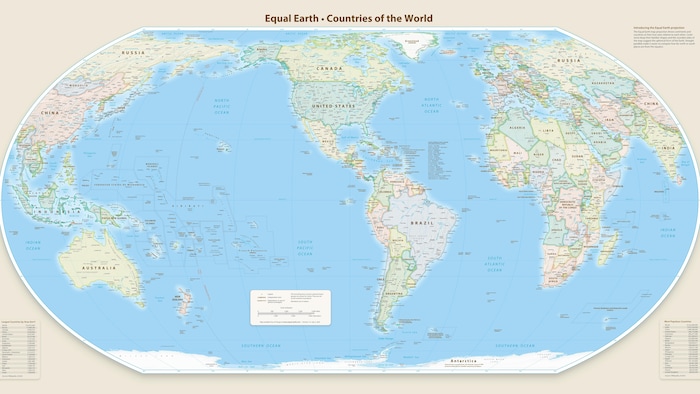 Une carte du monde centrée sur l'Amérique.