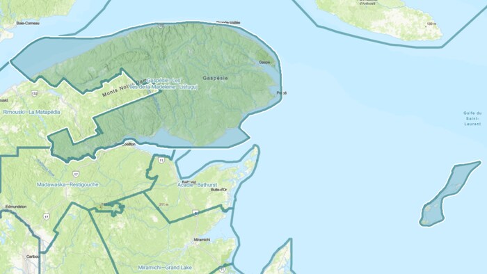 Les nouvelles frontières de la circonscription maintenant nommée Gaspésie-Les-Îles-de-la-Madeleine-Listuguj 