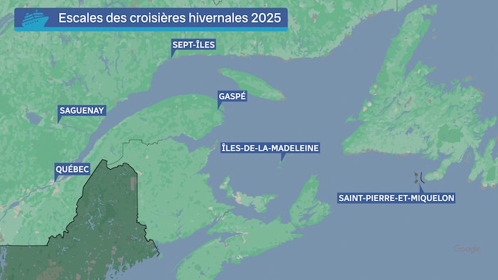 Une carte montrant l'est du Canada avec les points d'escale du navire.