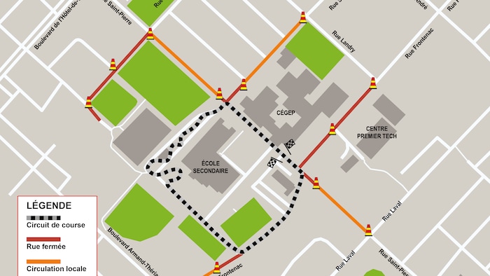 Une carte des rues fermées de la ville de Rivière-du-Loup