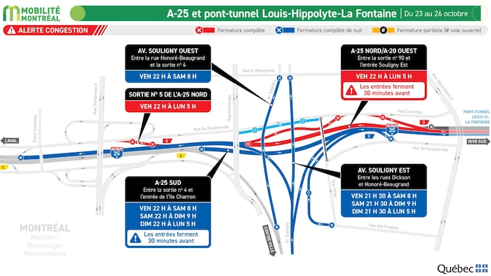 Carte des entraves du week-end dans le tunnel Louis-Hippolyte-La Fontaine.