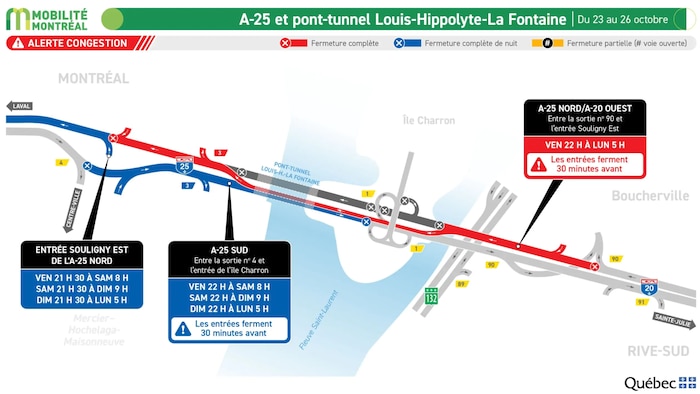 Carte des travaux et fermetures dans le tunnel.