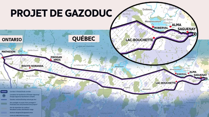 Une carte qui présente un large corridor où pourrait passer un gazoduc de 750 kilomètres de longueur.