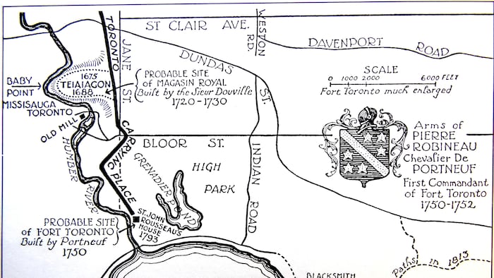 Une carte historique des trois forts français à Toronto.