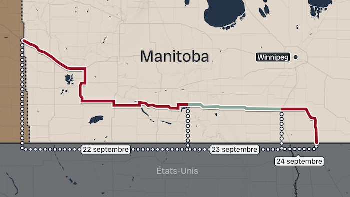 Le convoi des réservoirs partent de la Saskatchewan et traversent une partie de la province jusqu'à la frontière américaine.