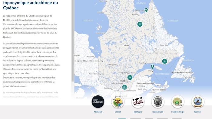 Une capture d'écran du site Internet où se trouve la carte géographique du Québec avec les représentations visuelles de quelques nations autochtones.