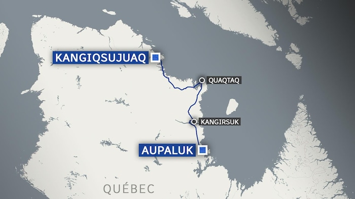 Carte du nord du Québec avec les villages de Kangiqsujuaq, Quaqtaq, Kangirsuk et Aupaluk.