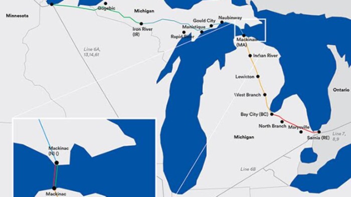 Le parcours de la canalisation 5 d'Enbridge qui traverse une partie du Michigan et  le détroit de Mackinac.
