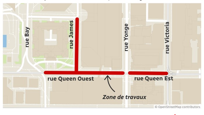 Cart de la Zone de travaux pour la station de métro Queen de la ligne Ontario.