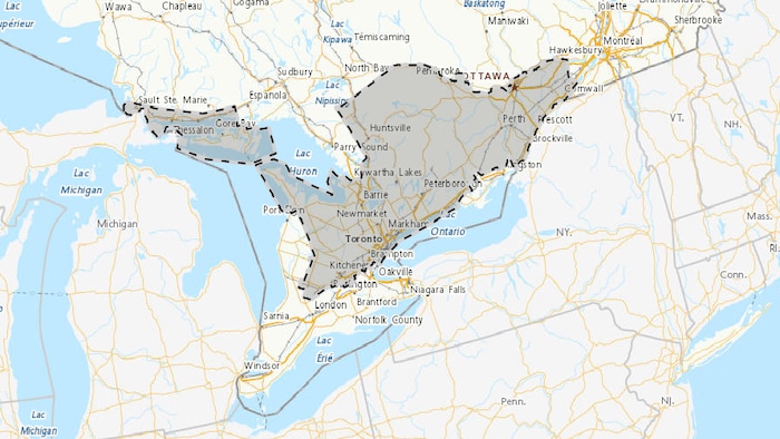 Carte qui montre que le Sud et l'Est de l'Ontario sont touchés par des alertes.